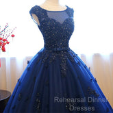Navy Blue Tulle Cap Sleeves Quinceanera Dresses, Blue Beaded Ball Gown Party Dress